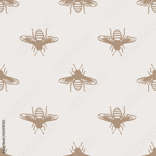 Seamless pattern with hand-drawn honey bees in monochrome style on a light background. Repetitive insect design for textile, wallpaper, packaging, and decorative print.