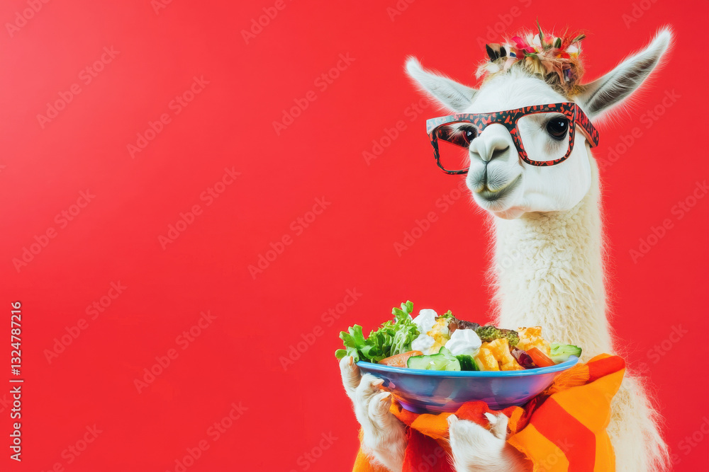 Obraz premium llama promotes plant-based diet with colorful vegan meal