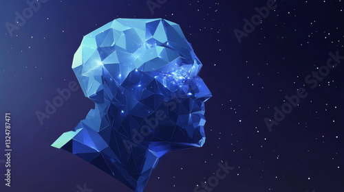 Robot. Artificial Intelligence. Head side view. Low poly blue. Blue polygonal abstract science illustration. In the form of a starry sky or space. Vector image of cyborg in RGB Color mode.