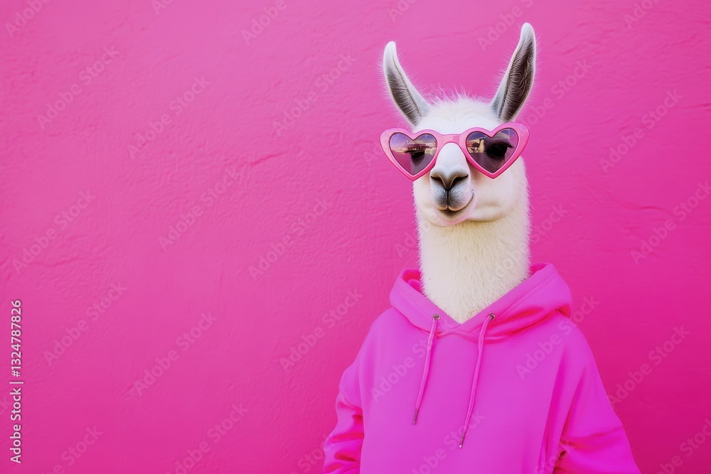 Fototapeta premium Hipster llama in heart-shaped sunglasses, artistic vibes