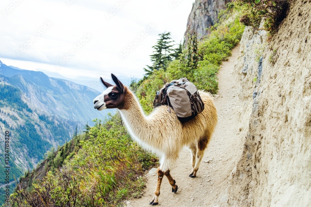 Fototapeta premium llama hiking on a stunning mountain trail