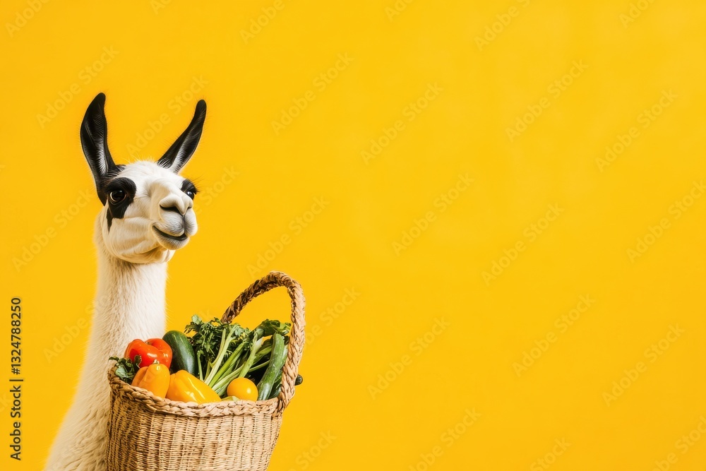Fototapeta premium llama with basket of fresh produce against yellow backdrop
