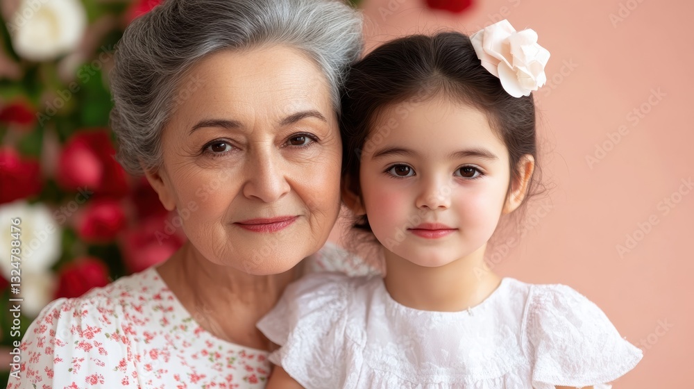 Elderly caucasian woman and young asian girl smiling together in floral setting Elderly caucasian woman and young asian girl smiling together in floral setting