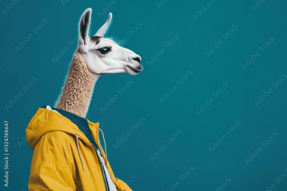 Fototapeta premium Llama in windbreaker poses against a blue backdrop