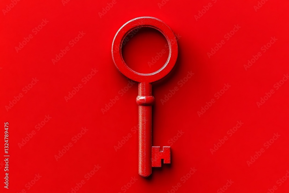 Vibrant red key casting shadow, isolated against scarlet background Vibrant red key casting shadow, isolated against scarlet background