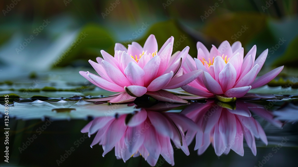 Flat lay of pink lotus flowers, delicate floral petals, serene water garden aesthetics Flat lay of pink lotus flowers, delicate floral petals, serene water garden aesthetics