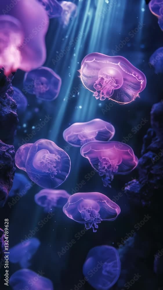 Underwater world filled with glowing bioluminescent jellyfish floating gracefully in deep sea. Concept of marine life, mystery, bioluminescence, surrealism, tranquility, and deep-sea exploration. Underwater world filled with glowing bioluminescent jellyfish floating gracefully in deep sea. Concept of marine life, mystery, bioluminescence, surrealism, tranquility, and deep-sea exploration.