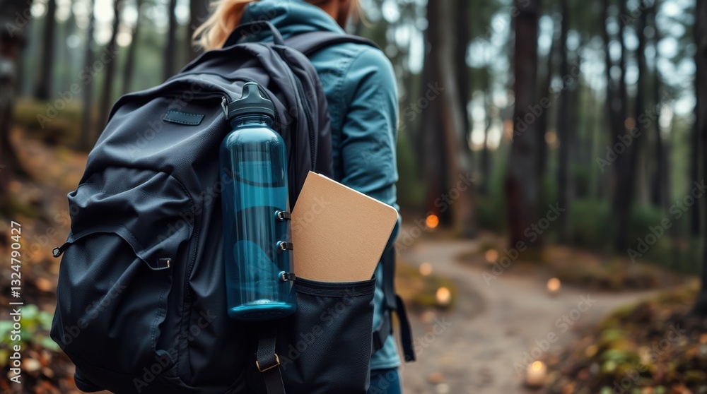 Hiking in nature with a backpack, water bottle, and notebook for a peaceful outdoor adventure. Hiking in nature with a backpack, water bottle, and notebook for a peaceful outdoor adventure.