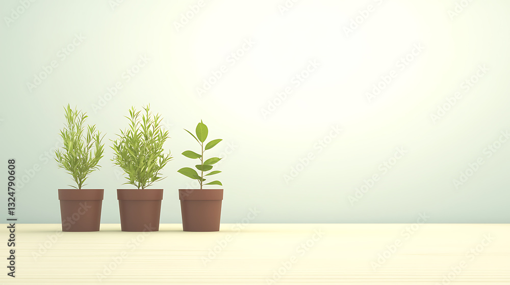 Fototapeta premium Three potted plants with different foliage stand neatly in a row against a soft neutral backdrop.