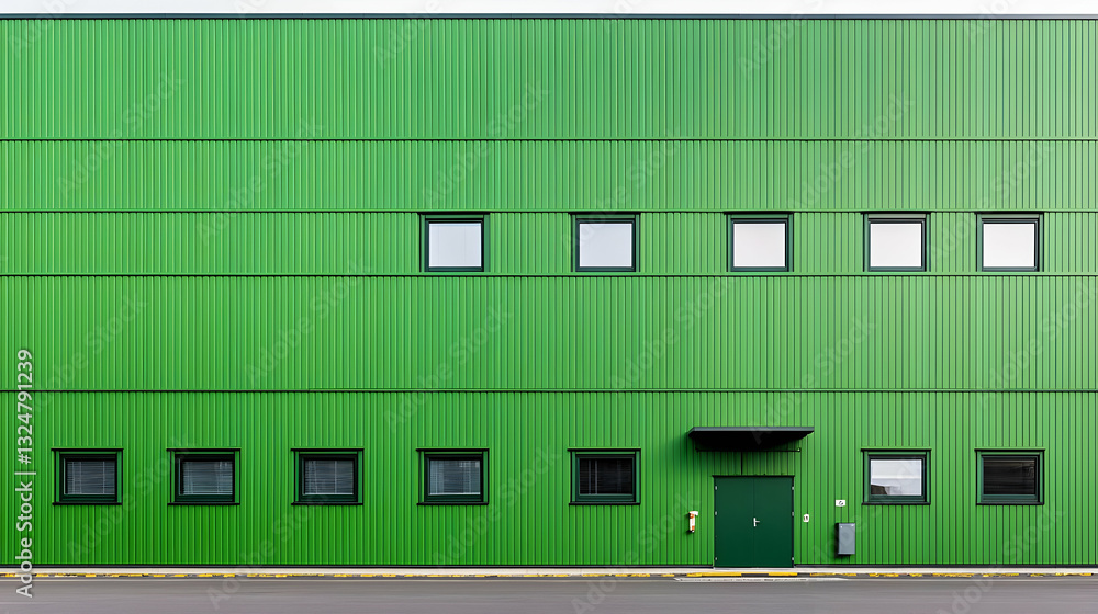 Obraz premium Green Metal Cladding Building Exterior with Square Windows and a Single Door in Daylight