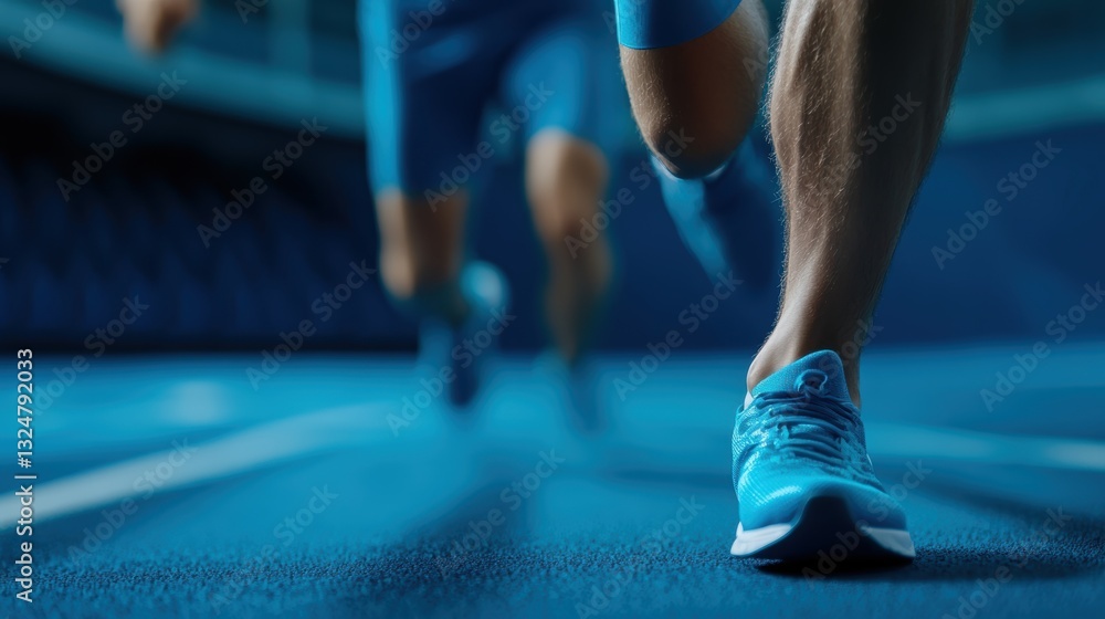 Close-up of runners on track in blue sportswear during race Close-up of runners on track in blue sportswear during race