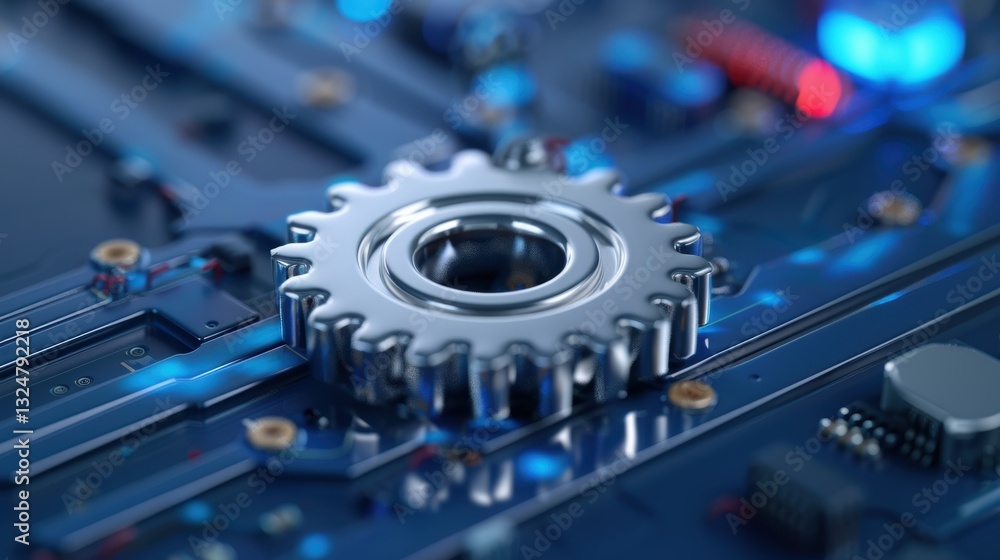 Metal gear on circuit board with blue lighting - technology and engineering concept Metal gear on circuit board with blue lighting - technology and engineering concept