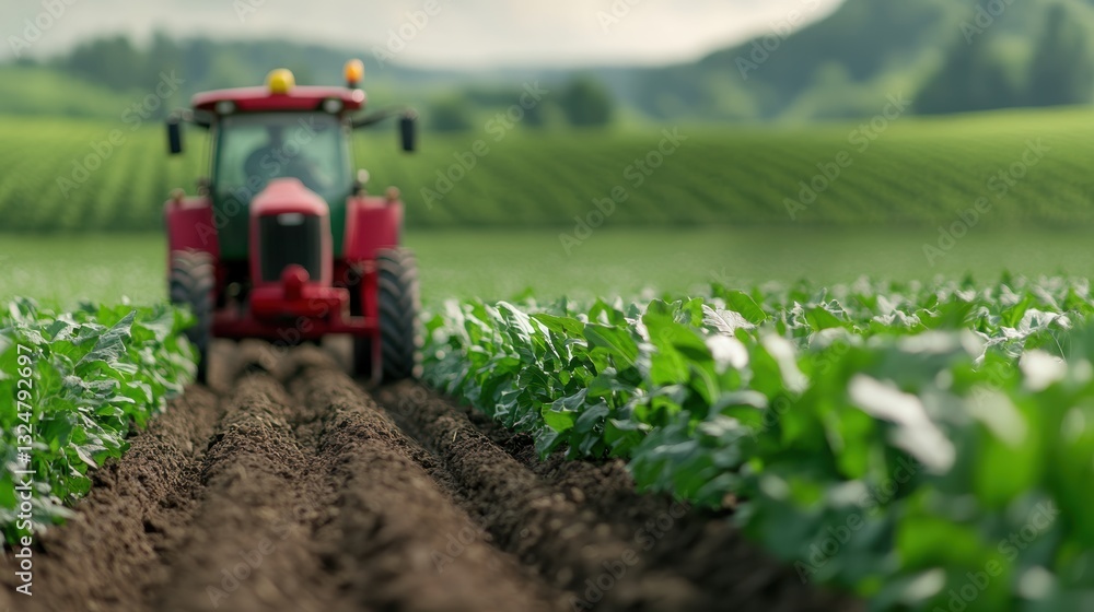 Red tractor tilling field with lush green crops in countryside landscape Red tractor tilling field with lush green crops in countryside landscape
