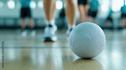 Close-up of a dodgeball on a gym floor with people in the background