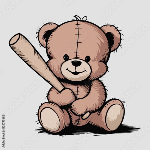 A simple illustration of a happy baby teddy bear holding a baseball bat