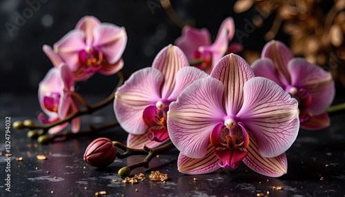 Fotografía Richly textured pink orchids on dark backdrop, luxury elegance
