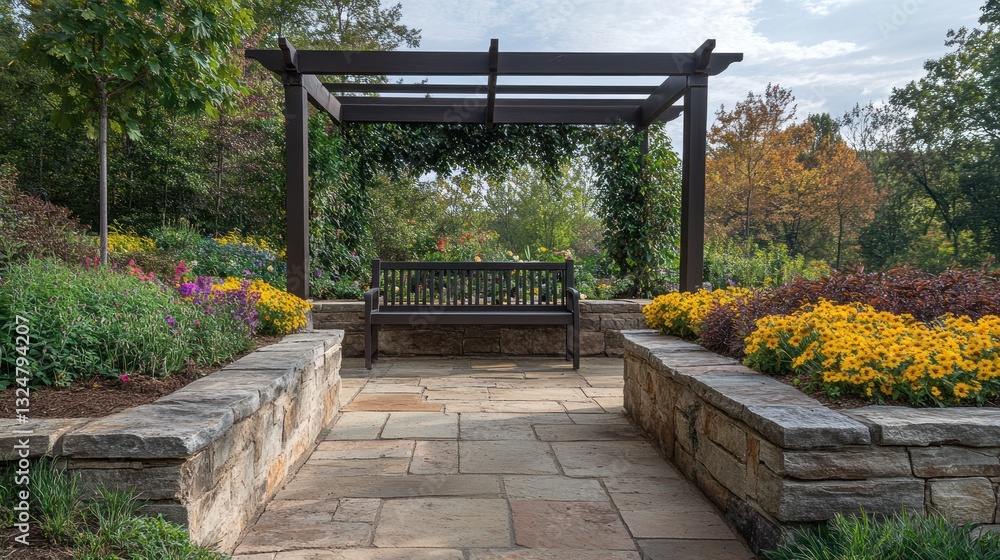 Peaceful garden retreat with a wooden bench under a pergola structure Peaceful garden retreat with a wooden bench under a pergola structure