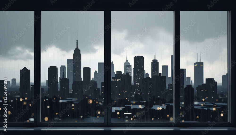 Urban skyline silhouette in rain viewed from window, subdued ambiance Urban skyline silhouette in rain viewed from window, subdued ambiance