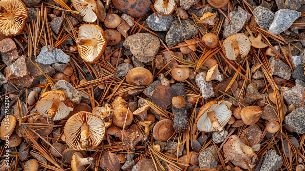 Flat lay of a sunlit forest floor, fallen leaves and soft moss, rich natural texture Flat lay of a sunlit forest floor, fallen leaves and soft moss, rich natural texture
