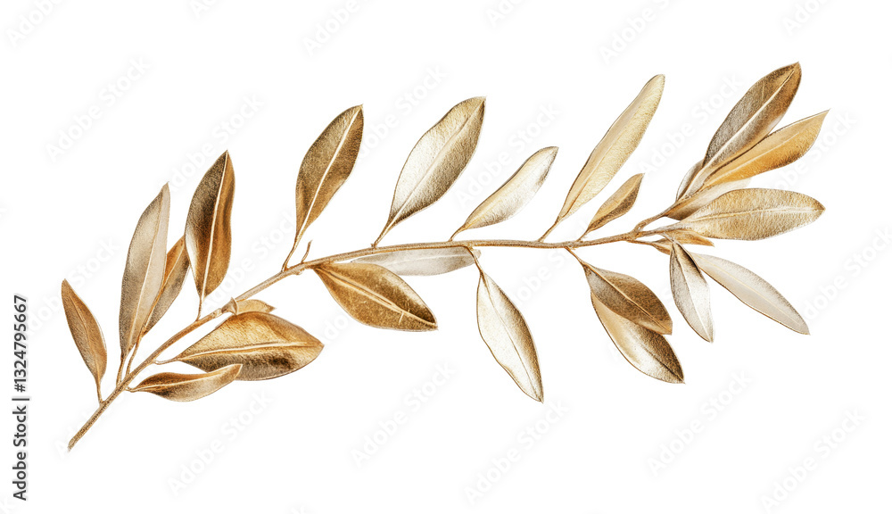 Golden olive branch with intricate metallic leaves, cut out Golden olive branch with intricate metallic leaves, cut out