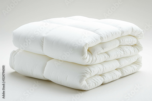 Soft fluffy white folded comforter on clean light background