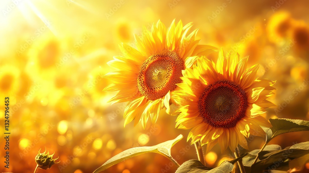 Naklejka premium Golden sunflowers bloom brightly in a sunny outdoor field setting