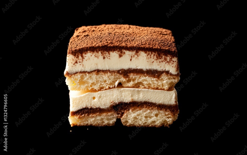 Creamy Tiramisu Dessert Layers with Cocoa Powder on Black Background Creamy Tiramisu Dessert Layers with Cocoa Powder on Black Background