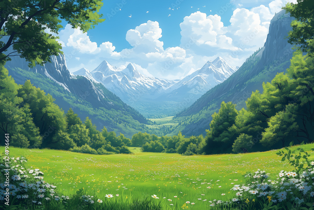 Fototapeta premium Summer natural landscape with green grass, bushes and trees on meadow in foot of high mountains. Cartoon vector panoramic scenery with grassland