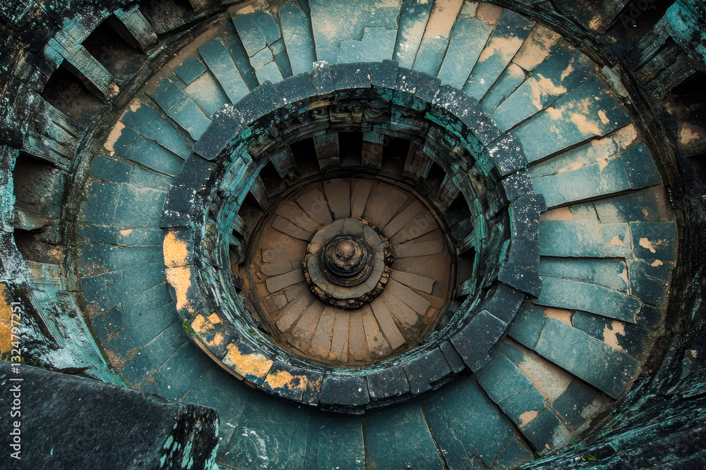 Fototapeta premium An ancient temple building of the ancestors of a winding staircase. Ancient temple of a bygone civilization.