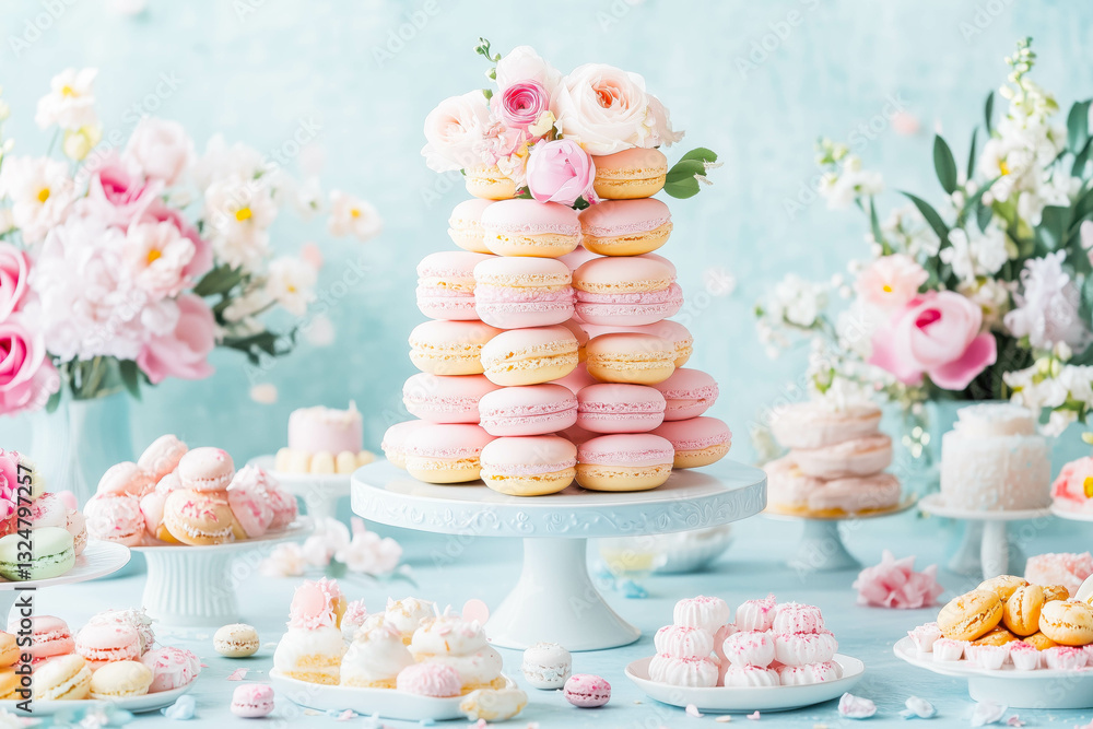 Elegant pink and white macaron tower with floral decorations in a charming dessert setting Elegant pink and white macaron tower with floral decorations in a charming dessert setting