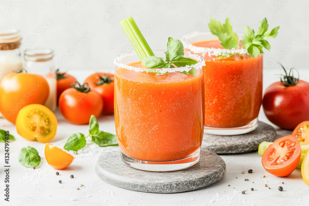 Refreshing tomato and celery juice with basil garnish on a stone coaster Refreshing tomato and celery juice with basil garnish on a stone coaster