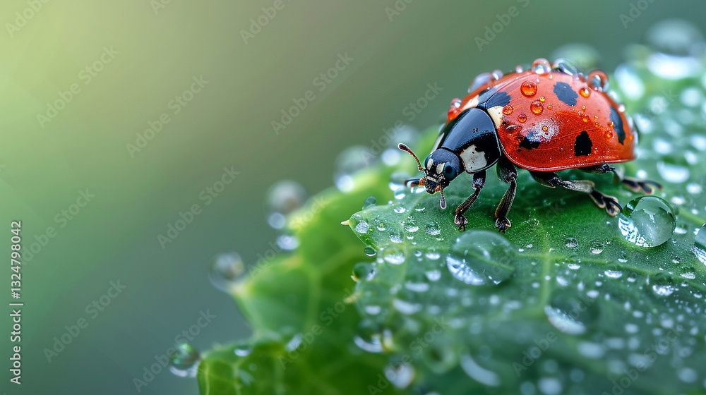 Obraz premium Macro shot of a ladybug perched on a dewdrop-covered blade of grass, vibrant nature close-up