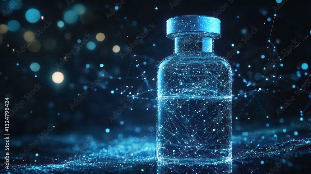 Glowing blue vial, rendered with interconnected points and lines, symbolizing a vaccine. Ideal for medical, healthcare, pharmaceutical, and immunization-related visuals