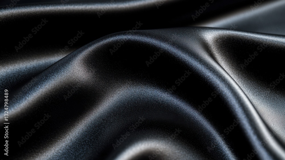 Fototapeta premium A close-up of luxurious black satin fabric, showcasing smooth folds and a glossy texture.