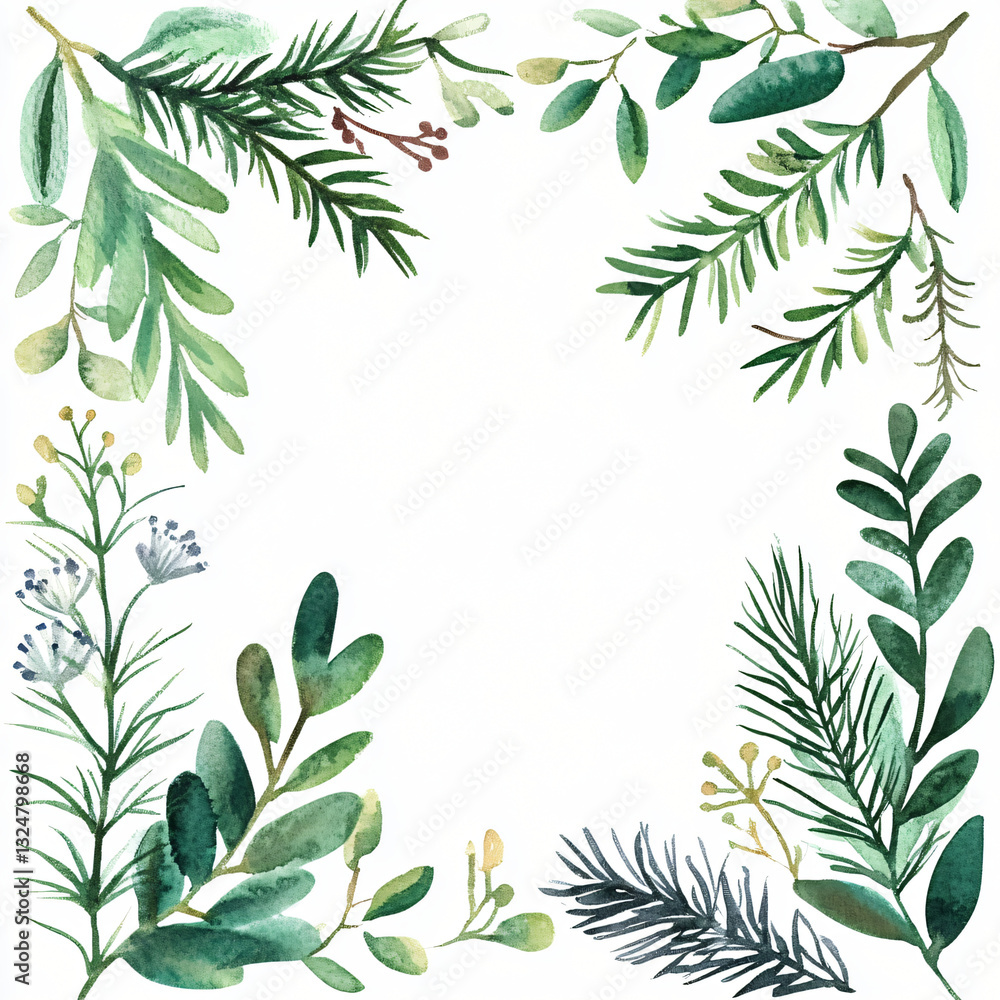 Naklejka premium Watercolor hand-painted forest greenery frame with fir branches and wildflowers on a white background, flat watercolor painting, simple design, AI painting design, AI