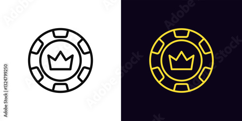 Outline royal chip icon, with editable stroke. Poker chip with crown icon, king casino club. Royal poker club, gambling token, poker game, casino empire, gaming chip, card game reward. Vector icon