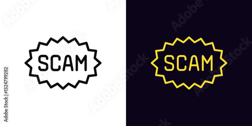Outline scam alert icon, with editable stroke. Warning tag with text Scam, fraud caution label. Scam tag, suspicious data, fraud risk, cyber threat, deception danger, internet security. Vector icon