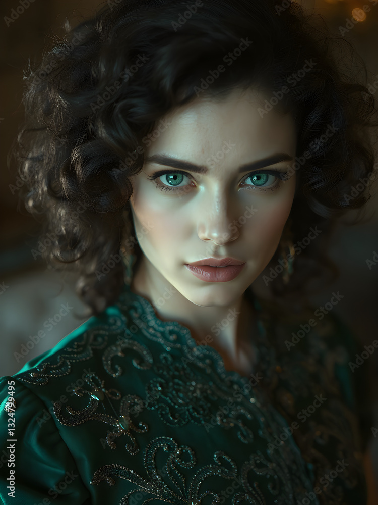 Fototapeta premium Mujer con cabello rizado negro y vestido verde adornado con detalles brillantes