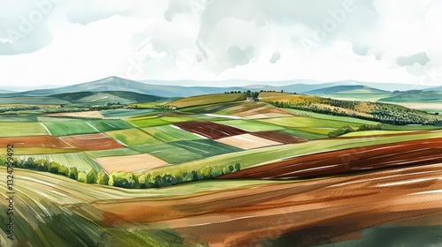 Colorful watercolor painting showing a vast cultivated rural landscape of fields