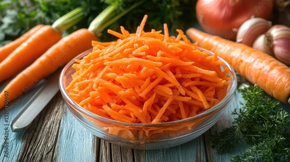 Shredded carrots in glass bowl on rustic table with vegetables Shredded carrots in glass bowl on rustic table with vegetables