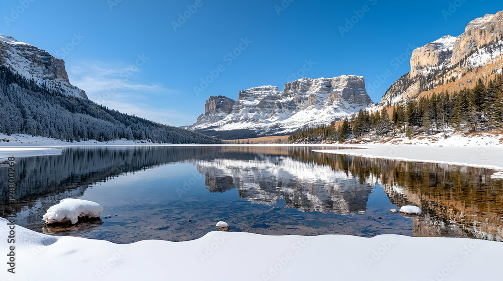 Obraz premium Panoramic View Of A Snow Covered Mountain And Reflective Lake Under A Clear Blue Sky During Winter