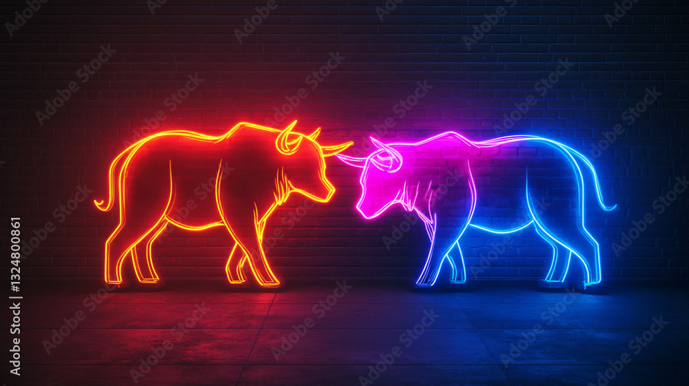 Fototapeta premium Image of a bull and bear made of neon lamps on a background in the form of a dark brick wall. Stock Market logo or emblem with bright neon light.