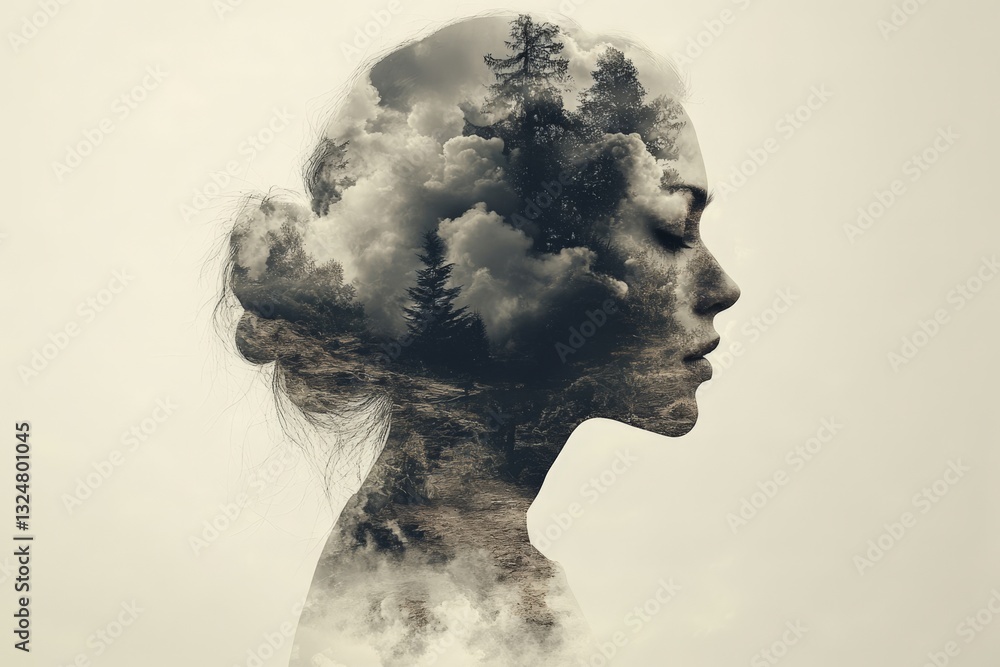 Serene female silhouette with nature and clouds double exposure Serene female silhouette with nature and clouds double exposure