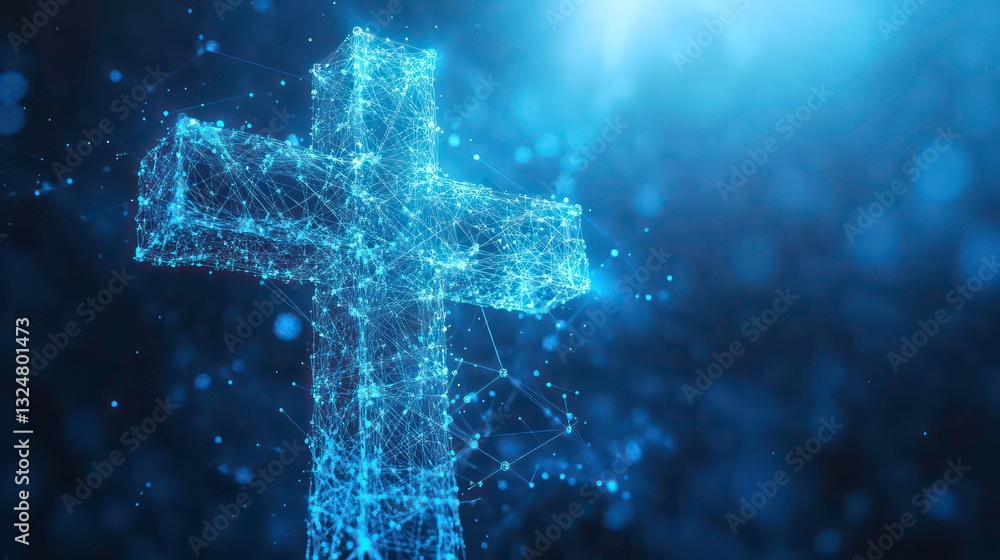 Blue glowing cross, rendered with interconnected points and lines, against a blurred background. Ideal for religious themes, particularly Christianity, representing faith, hope, and spirituality.