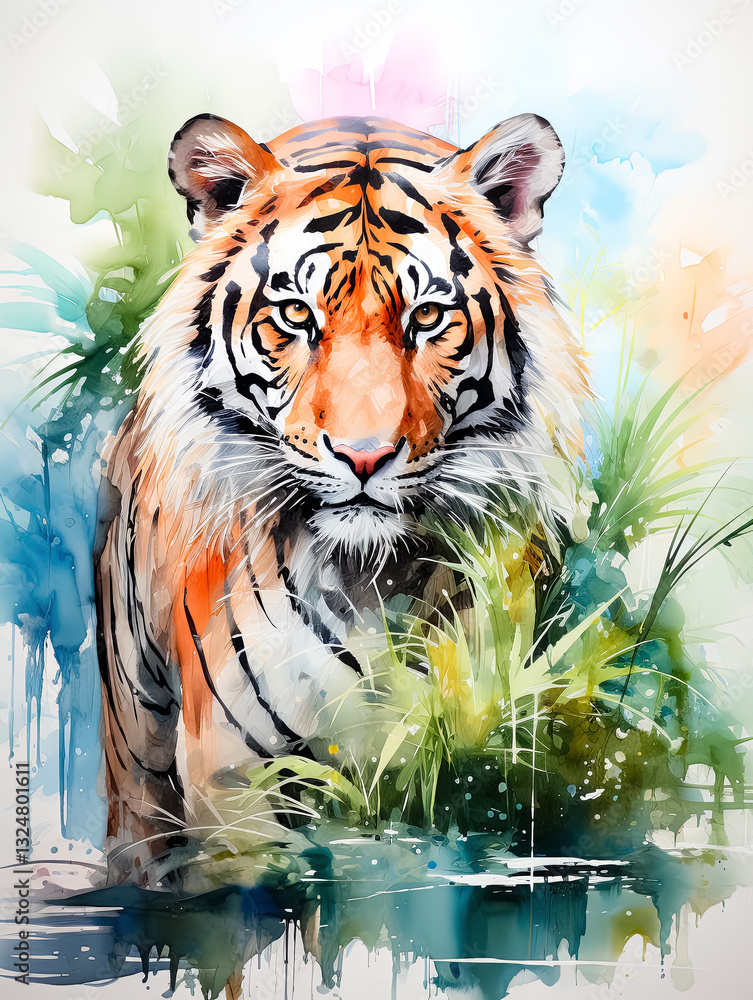 Naklejka premium Watercolor painting of a tiger standing in the water on a natural background.
