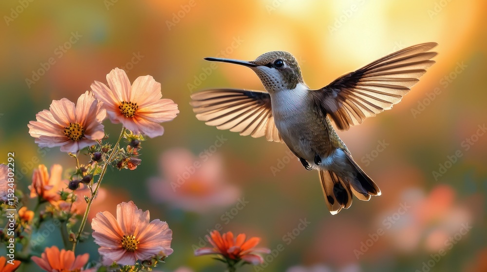 Fototapeta premium Hummingbird in Flight Over a Meadow of Blossoms