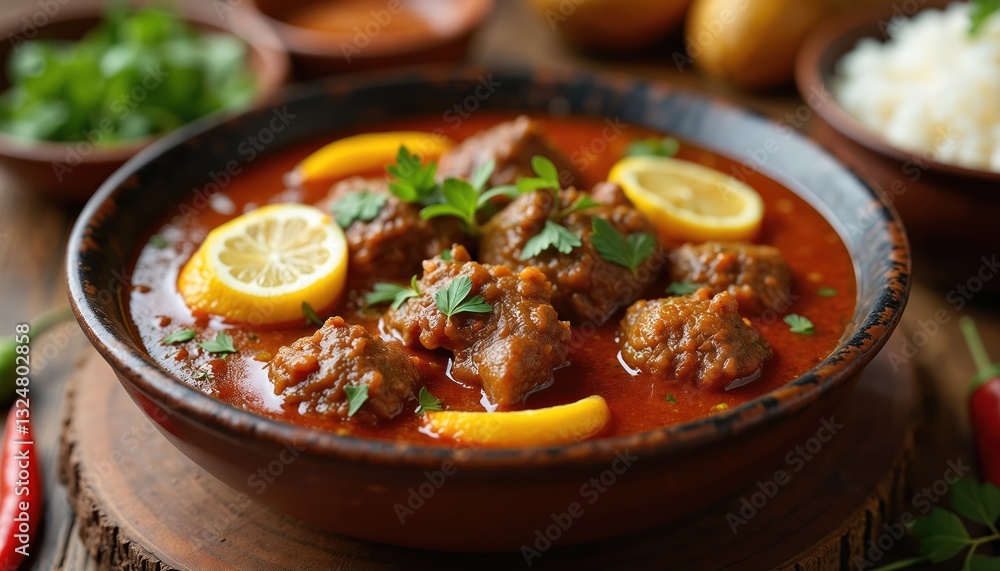 Close-up of delicious spicy mutton stew, garnished with parsley and lemon slices in bowl. Authentic Indian dish with rich red sauce, served on rustic wooden plate. Traditional meal. Close-up of delicious spicy mutton stew, garnished with parsley and lemon slices in bowl. Authentic Indian dish with rich red sauce, served on rustic wooden plate. Traditional meal.