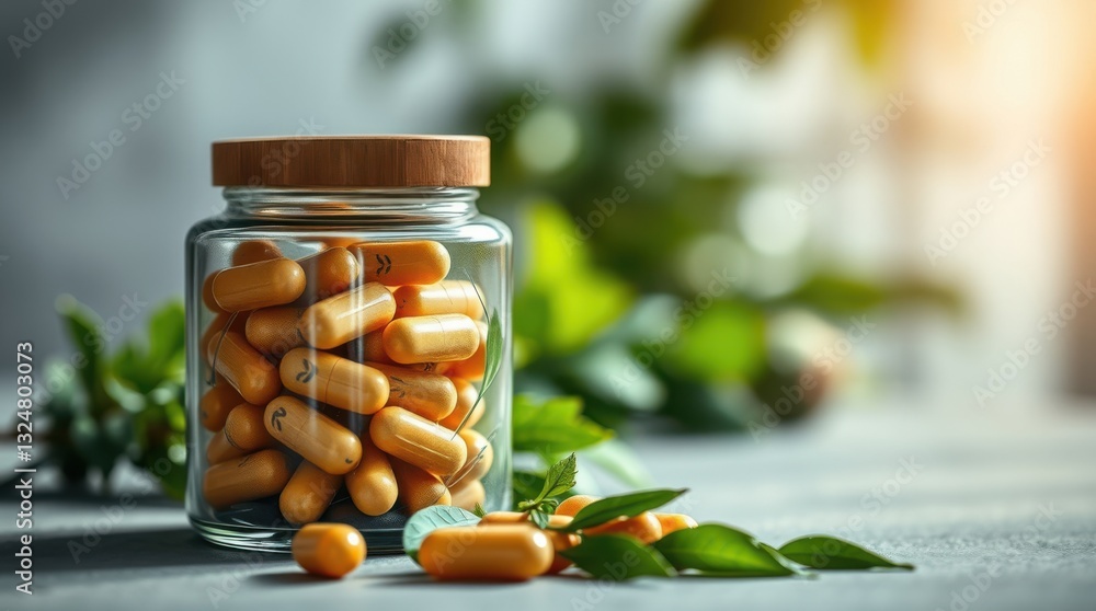 Jar of Yellow Capsules with Natural Foliage Accents in Soft Light, promoting wellness and natural health. Jar of Yellow Capsules with Natural Foliage Accents in Soft Light, promoting wellness and natural health.