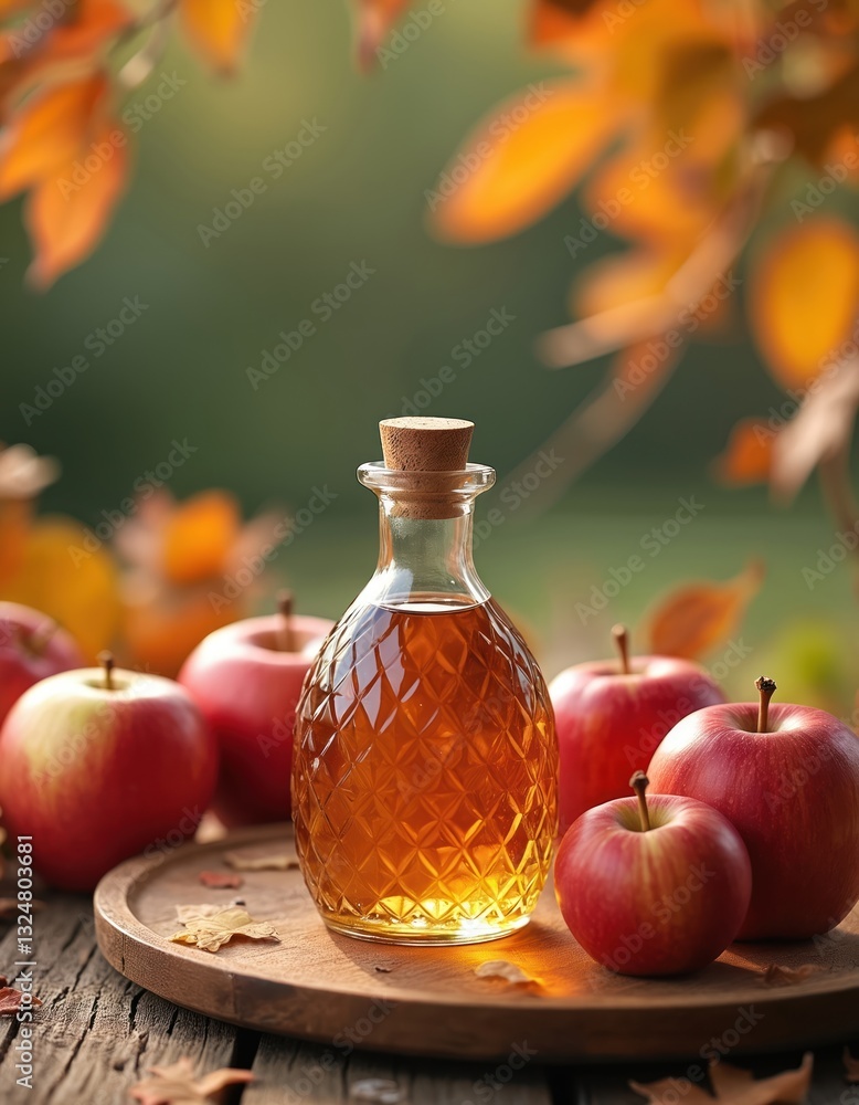 Fresh red apples with cider vinegar bottle served outdoors on wooden plate. Autumn leaves garnish composition. Healthy organic product, natural ingredient, traditional antioxidant drink. Rustic Fresh red apples with cider vinegar bottle served outdoors on wooden plate. Autumn leaves garnish composition. Healthy organic product, natural ingredient, traditional antioxidant drink. Rustic