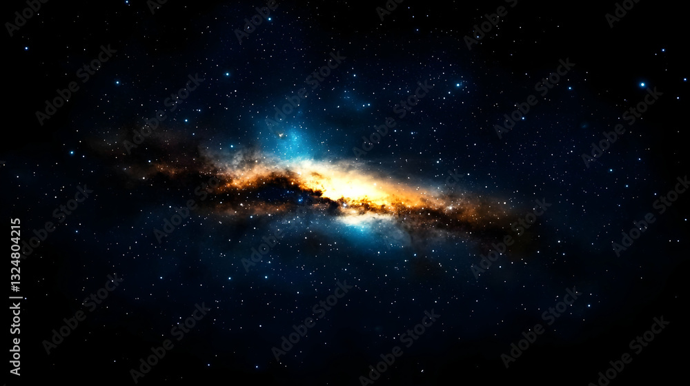 Fototapeta premium Cosmic Galaxy Landscape Displaying Blue And Gold Hues With Countless Stars In The Dark Night Sky